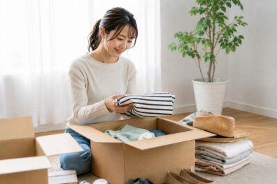 査定結果の書類を確認しながら微笑む女性
